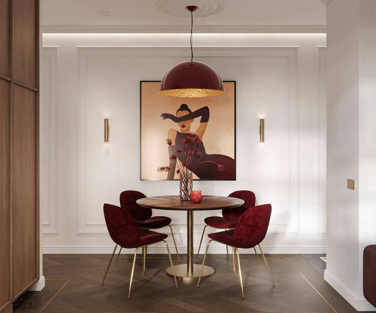 Dining area with burgundy pendant and chairs