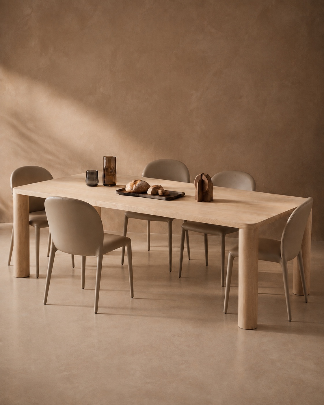 AI-generated campaign image of a light oak dining table